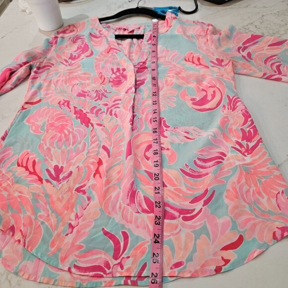 Lilly Pulitzer Stacey Silk Top Blouse Small Long Sleeve Pink Blue - Picture 12 of 14
